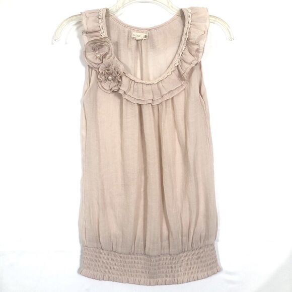 Mine Sheer Pullover Blouse Top Size S Scoop Neck Pearl Rosettes Beige - Picture 2 of 16